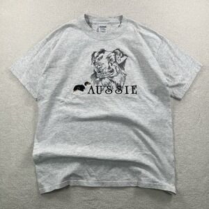 Vtg GR8 Dogs Australian Shepherd Tshirt Sz Large Gray Embroidered Aussie Dog EUC